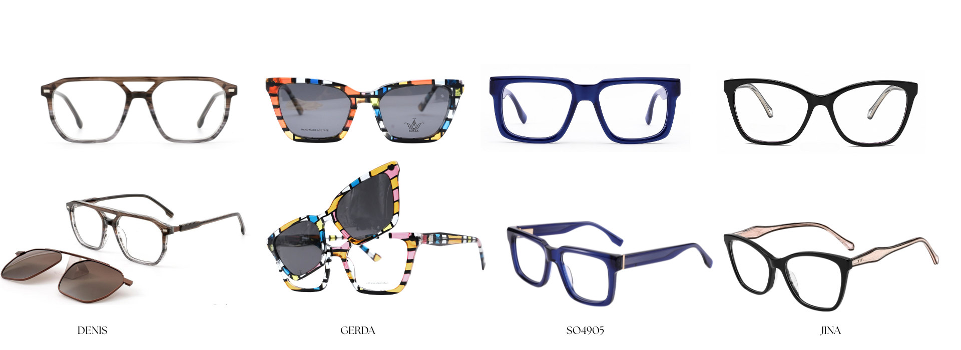 SOSSA frames Denis, Gerda, SO4905 and Jina, each shown from the front and from the side