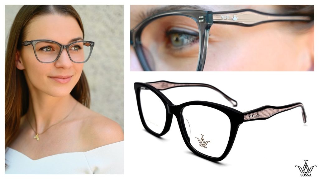 Woman in grey SOSSA glasses, with close-ups of the patterned temple and the black cat-eye front