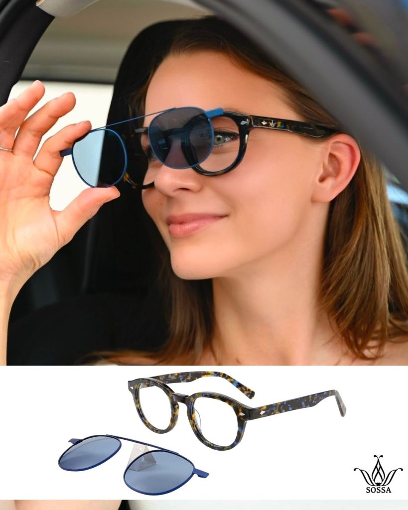 Woman in a car lifting a blue SOSSA Clip-On on round tortoiseshell glasses, with the frame and Clip-On below