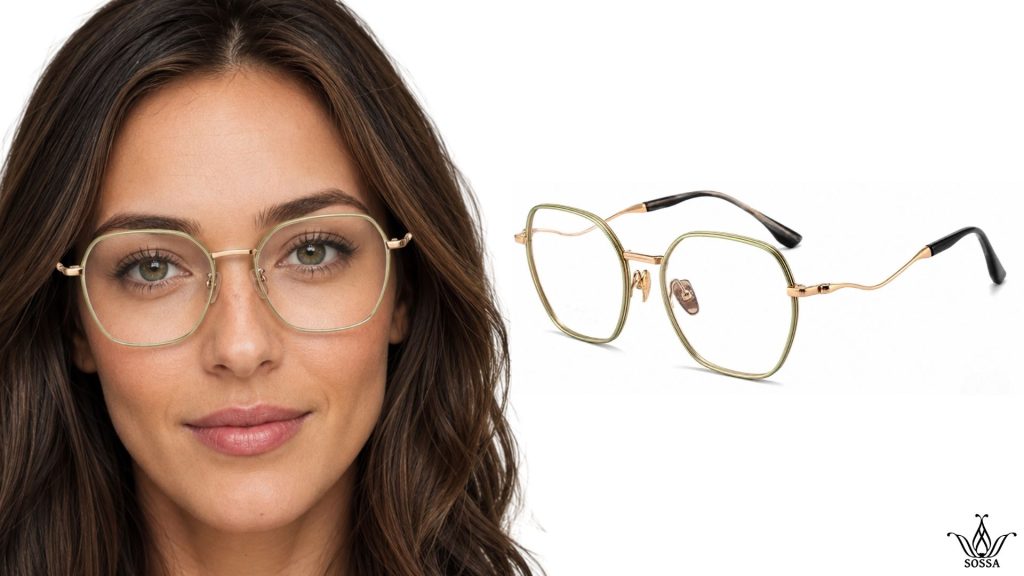 Smiling woman in a thin gold geometric SOSSA titanium frame, beside the frame seen from the side