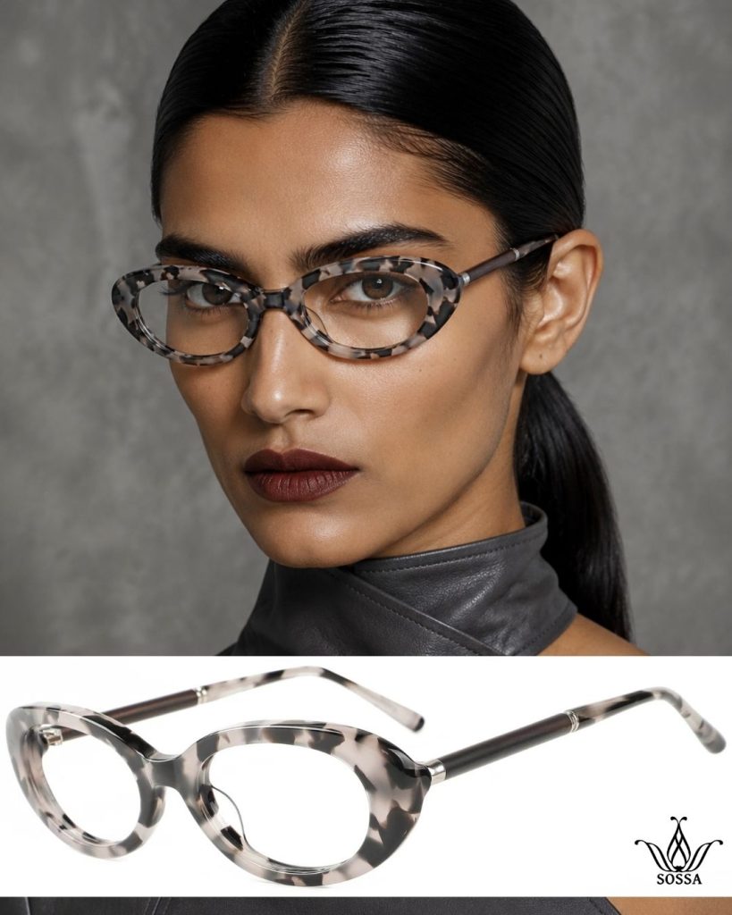 Woman in white tortoiseshell cat-eye SOSSA glasses, with the frame shown below