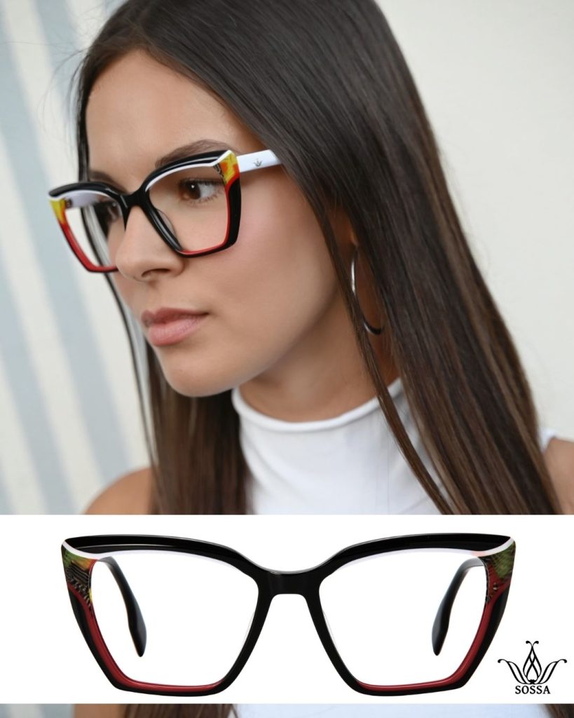 Woman in black SOSSA glasses with red and multicoloured temples, with the frame shown below